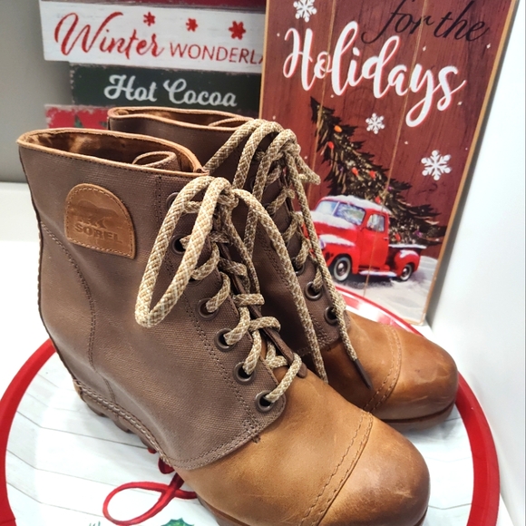 💕EUC Sorel Brand Premium Moto PDX Leather Lace Up Wedge Ankle Boots, Came, 10 - Picture 16 of 16